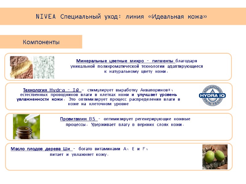 Компоненты Минеральные цветные микро – пигменты благодаря уникальной полихроматической технологии адаптирующиеся к натуральному цвету